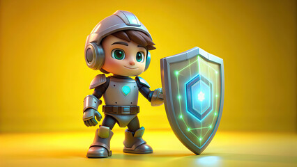 3d cute cartoon bodyguard with armor hold shield isolate on yellow background. Generative AI