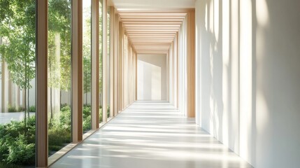 Fototapeta premium A bright and airy hallway with large windows, showcasing greenery outside, and light wooden accents creating a fresh and welcoming atmosphere