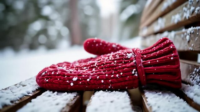 Abandoned warm red mitten covered with snow on a wooden bench in a winter forest setting