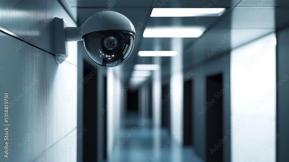 Poster a close-up of a dome-shaped security camera on a smooth metal ceiling inside a sleek, futuristic bui