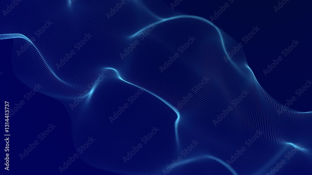 Poster Futuristic wave of dots with moving particles. Abstract technology background. 3D visualization of big data. 3D rendering.