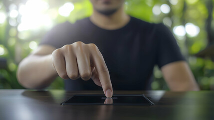 Person pressing a finger down on a flat surface device