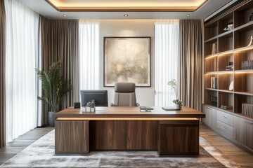 Elegant wooden office interior with large window. Neural network AI generated