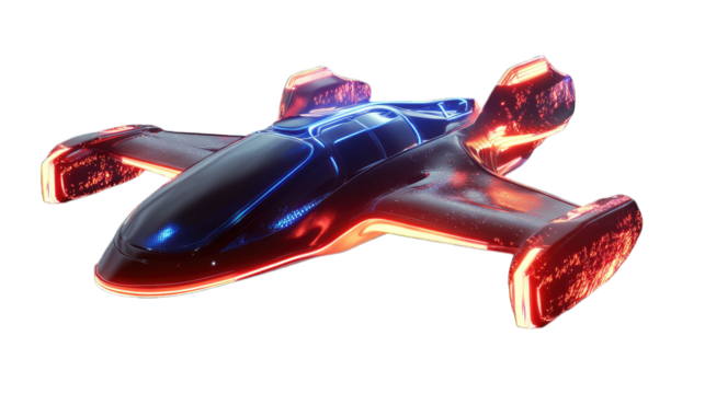 A futuristic flying car with glowing neon lights on a transparent background