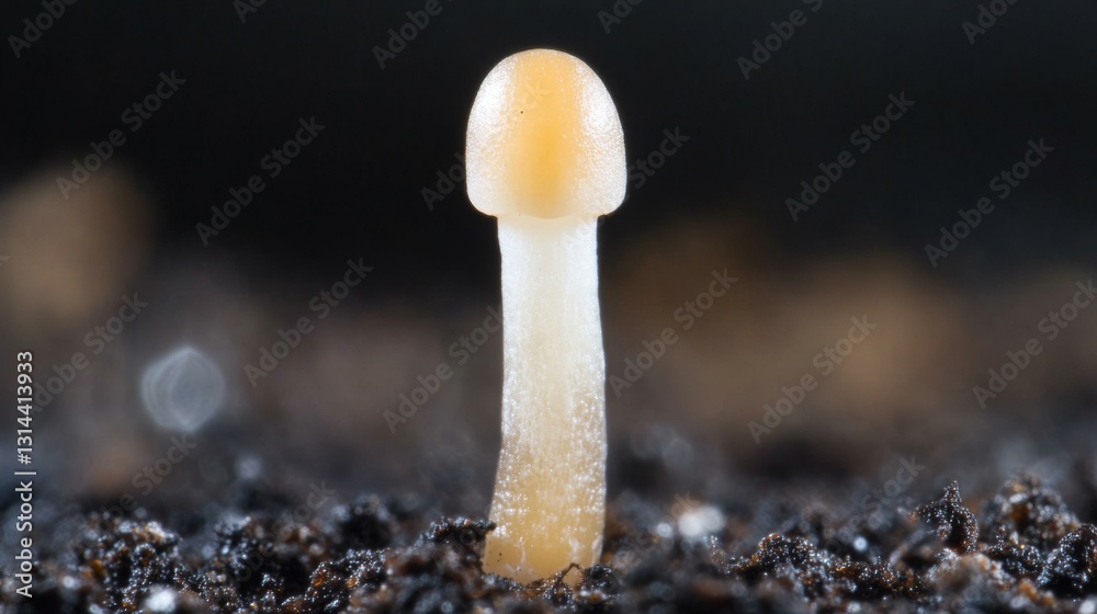 Poster a close-up of a mushroom stem with tiny water droplets on its surface, set against a blurred backgro