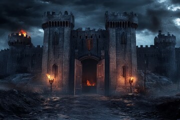 Fototapeta premium Majestic stone castle against stormy sky. Neural network AI generated