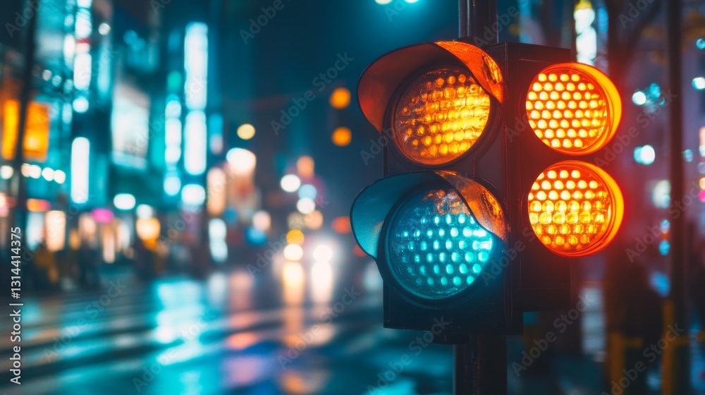 Poster A close-up of a traffic light with all three signals illuminated, showcasing the intricate designs and colors, set against a blurred city backdrop