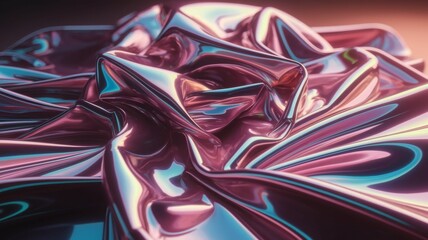 Fototapeta premium Crumpled metallic sheet in a 3D render shimmers with iridescent pink, blue, and silver hues under warm, diffused light. Intricate folds and shadows highlight its dramatic texture.