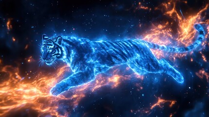 Fiery Tiger Running Through Space