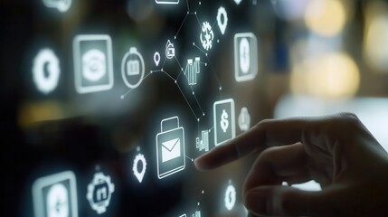 Digital Banking and Financial Technology Concept. A person presents digital banking and financial technology icons, and currency symbols, emphasizing modern online payment systems and e-commerce.