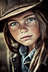 Young girl with a brown hat and a red face. She has a green eye. The girl is wearing a blue shirt