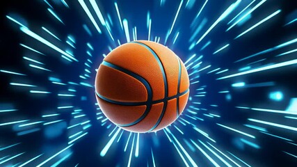 Fast moving orange basketball streaking through glowing blue neon tunnel, representing high speed digital sports visualization video 4k - Powered by Adobe