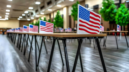 Several tables display American flags inside of a large building