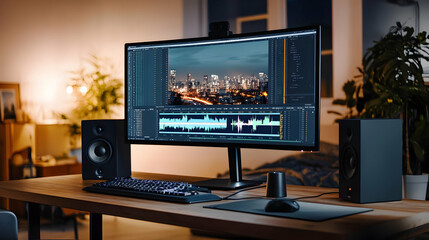 Naklejka premium Modern Home Studio Setup With Video Editing Software On Display In A Cozy Room At Night With Cityscape View