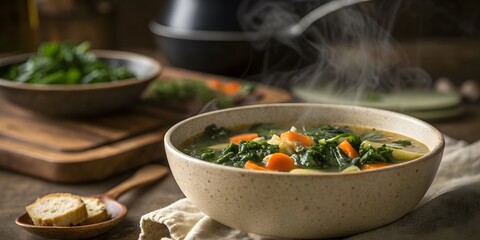 Warm detox soup with fresh veggies, ideal for post-winner rejuvenation and healthy digestion, with copy space