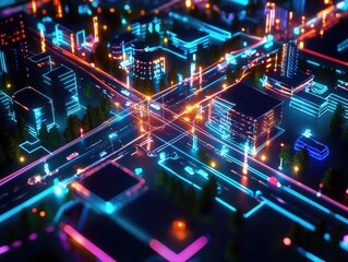 Futuristic city overview with glowing lines depicting traffic and buildings