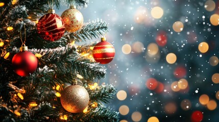 Festive Christmas tree decorated with red balls and gold ornaments for the holiday season Festive Christmas tree with red balls and gold decorations