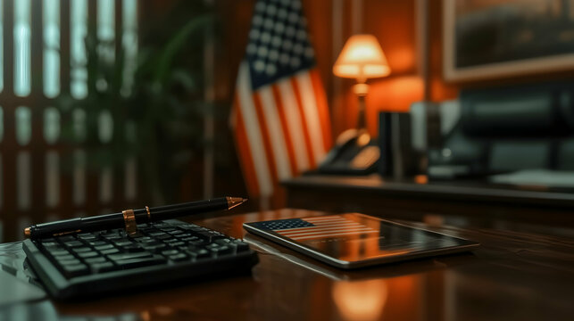 A desk with calculator pen and american flag representation