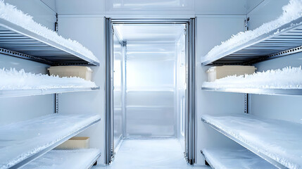 Empty Industrial Walk-In Freezer With Metal Shelves Covered In Frost And Ice Crystals In A Sterile White Cold Storage Room
