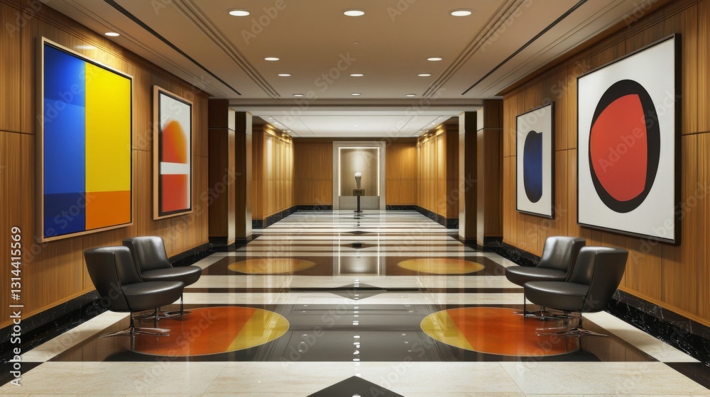 Poster a contemporary hallway with bold geometric patterns on the floor, sleek furniture, and modern art pi