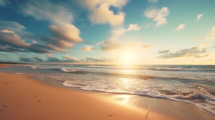 Fototapeta premium Mesmerizing Sunset over Serene Beach Landscape with Crashing Waves and Glowing Sky