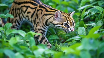 Obraz premium Elegant Wild Cat on Prowl Through Lush Green Foliage in Dense Tropical Jungle Setting