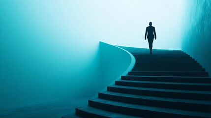 Man Ascending Teal Staircase to Success - Minimalist design