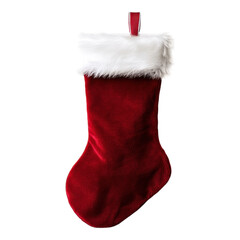 A festive red Christmas stocking with a fluffy white trim, perfect for holiday decorations and gift-giving.