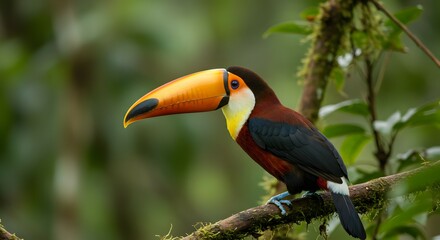 Naklejka premium Toucan Perched on a Tree Branch in a Tropical Rainforest.