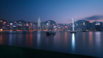 Fototapeta premium Illuminated Hong Kong Skyline At Night Across Victoria Harbour With Reflections In The Water And Dark Blue Sky