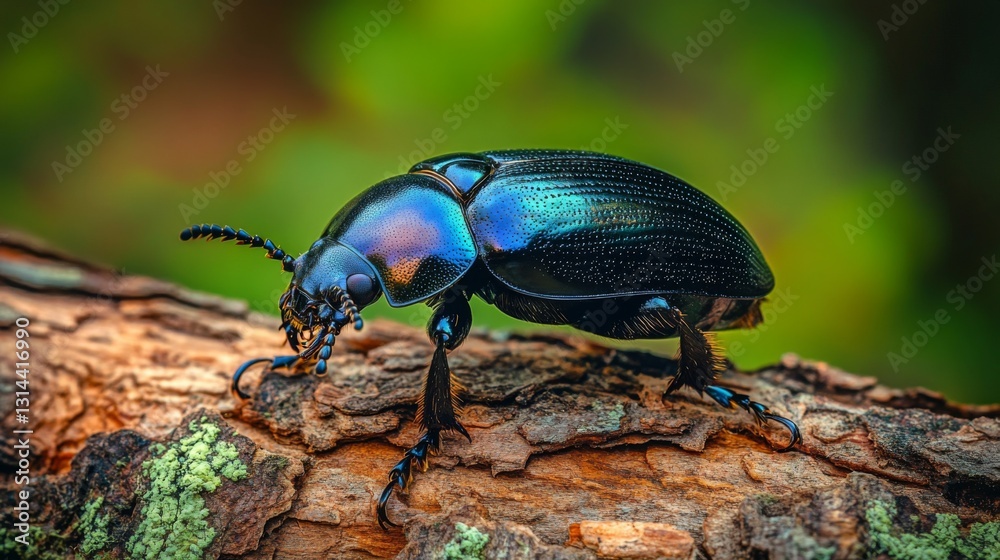 Poster A detailed view of a beetle crawling on a tree bark, highlighting its shiny shell and the rough texture of the wood in the background