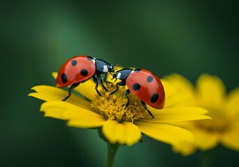 Fototapeta premium Two Vibrant Red Ladybugs Facing Each Other on a Bright Yellow Flower with a Soft Green Blurred Background.