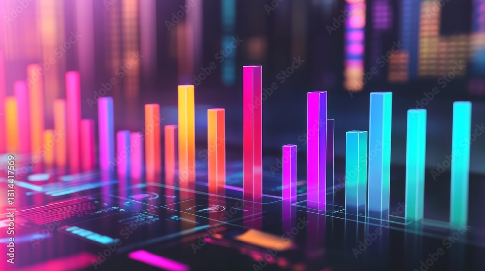 Poster a dynamic d bar chart with translucent bars in different heights, hovering over a futuristic financi