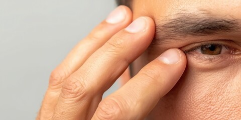 A close-up of a person touching their eye, expressing emotions like concern or contemplation in a neutral setting.