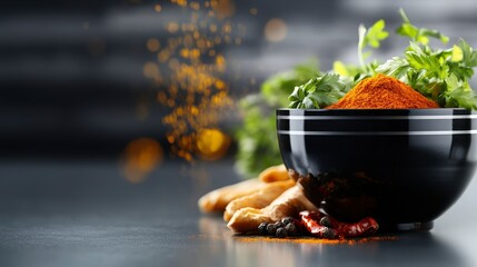 Vibrant Bowl of Spices and Fresh Herbs on Dark Kitchen Surface for Culinary and Cooking Concepts