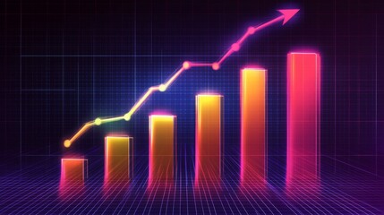 A futuristic D bar chart with tall, glowing columns and an upward trending arrow, hovering over a dark digital background filled with grid patterns