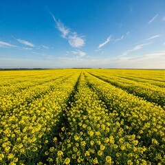 Obraz premium Bright Yellow Canola Fields Stretching Towards the Horizon Under a Clear Sky