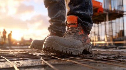 Construction worker in safety boots outdoor construction site photography industrial environment ground level hard work and safety