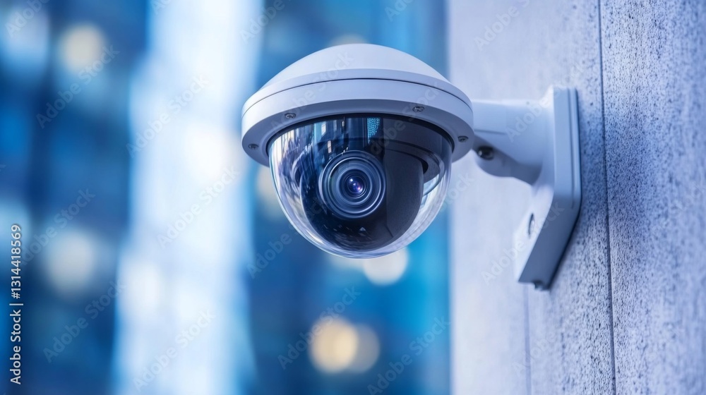 Poster a high-angle shot of a modern white cctv camera mounted on a gray concrete wall, blending into the u