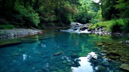 Aerial drone shot of a water stream or river. The footage captures the flow of the water, the surrounding terrain, and the scenic beauty from a high-angle perspective