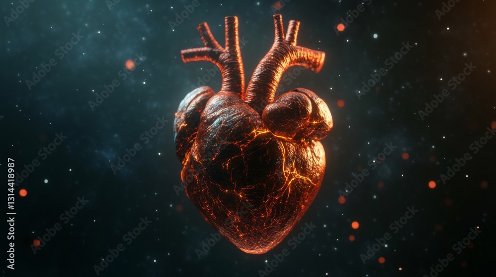 Poster A highly detailed D rendering of a human heart with visible arteries and veins, set against a dark background, emphasizing its complex structure
