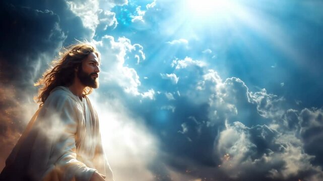 Resurrection of Jesus Christ. Christ is in the sky, in the clouds in glory. Christian religious background. Easter banner for church publications and prints	