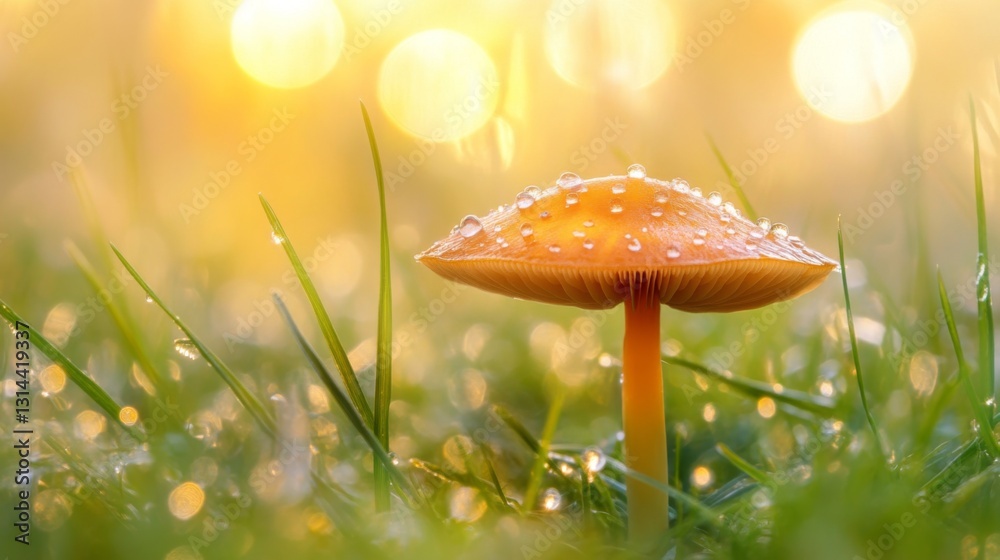 Poster a low-angle view of a mushroom surrounded by dew-laden grass, with soft morning light highlighting t
