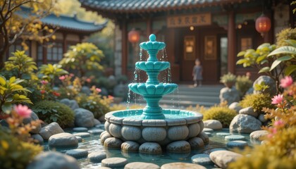 Serene Asian Garden Fountain Tranquil Water Feature in Peaceful Landscape