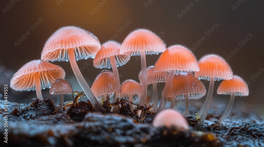 Poster a macro shot of a cluster of mushrooms on a damp forest floor, with clear water droplets enhancing t