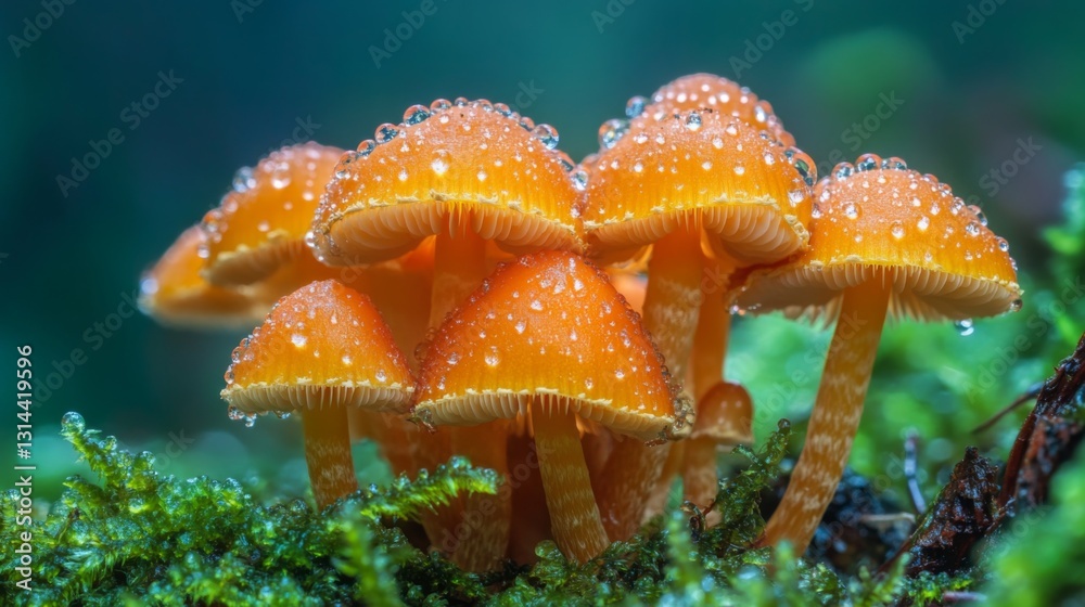 Poster a macro shot of a cluster of mushrooms on a damp forest floor, with clear water droplets enhancing t