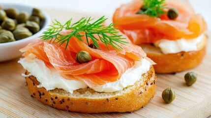 Delicious bagels topped with cream cheese, smoked salmon, and capers, garnished with fresh dill for a flavorful breakfast treat.