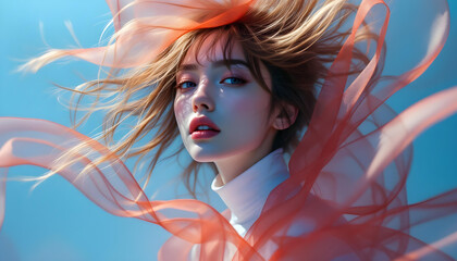 ファンタジーストーリー（美しいシルクの布を纏い、波打つ風に身を任せながら、その向こうに静かに佇む女性）