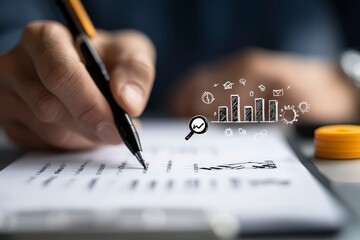 Man Writing on Paper with Pen While Analyzing Business Growth Charts and Statistics in a Professional Setting