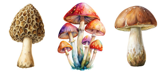 Colorful watercolor mushrooms, detailed botanical illustration, various species, artistic nature design, perfect for decor.